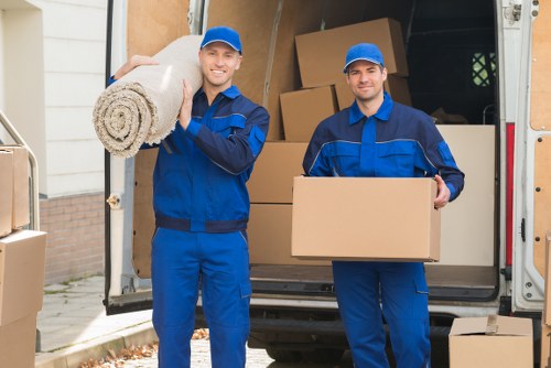 Packed boxes and furniture ready for a house move in Finchley