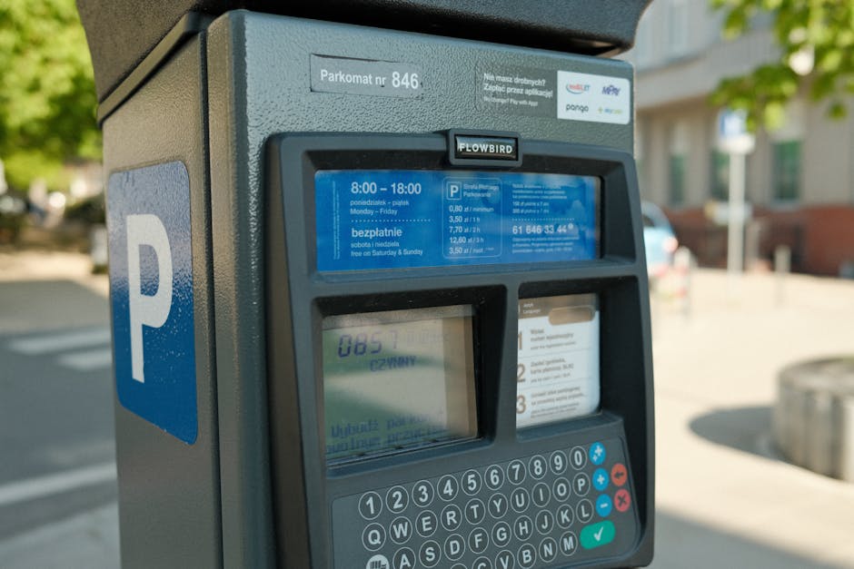 Four blue parking permit signs with white 'P' symbols and Dutch text, including 'vergunninghouders' and 'AUTODATE,' are mounted on metal poles of varying heights in front of a modern building with ver
